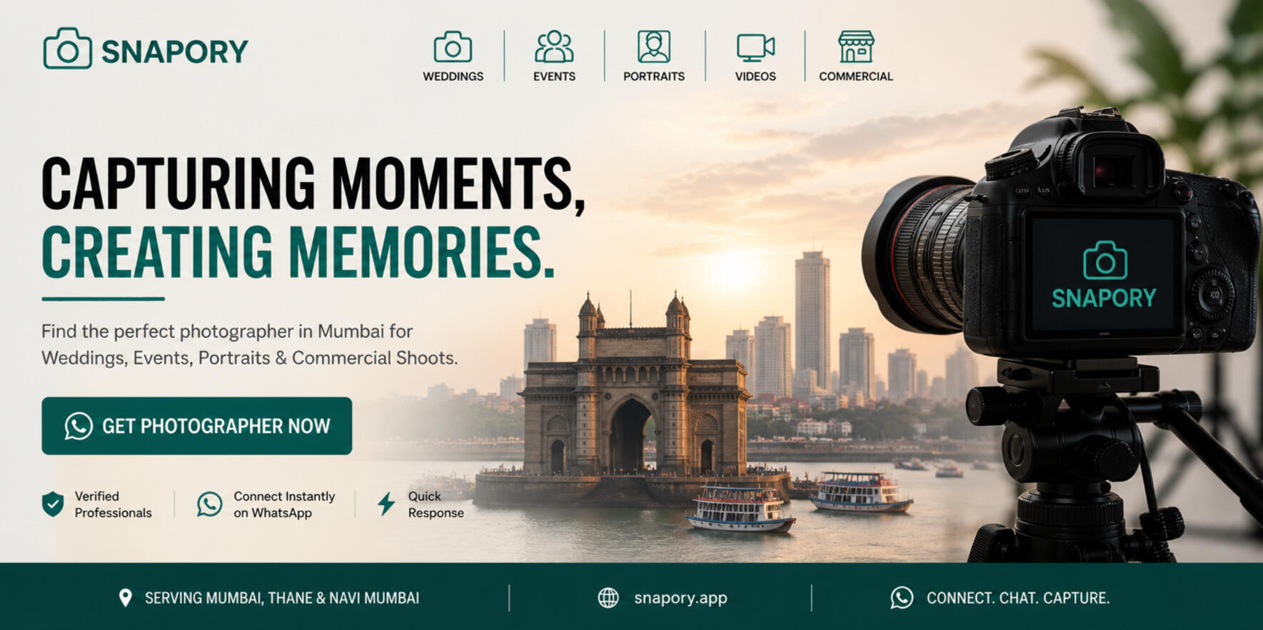 Snapory: Mumbai's leading photography marketplace for booking verified wedding, event, and commercial photographers in Thane and Snapory: Mumbai's leading photography marketplace for booking verified wedding, event, and commercial photographers in Thane and Navi Mumbai.